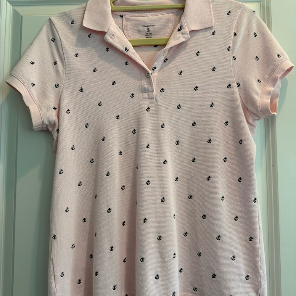 J Crew Classic Pique Pink Anchor Print Polo Shirt, EUC, M